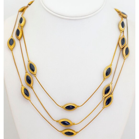 21 inch, Vintage Gold Tone Black Oval Eye-shaped Beads Multi Strand Necklace G1 - Picture 2 of 3